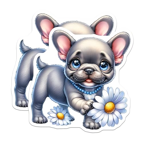 (2 Pack) Cute Puppy Stickers - French Bulldog Art - Floral Dog Lovers Decals - 5" On Longest Side - Sticks to Smooth Flat Surfaces - Made in USA - BMCS9570
