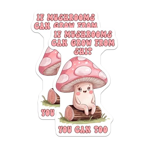 (2 Pack) Funny Motivational Stickers - Cute Mushroom Stickers - Hilarious Quote Decal - 5" On Longest Side - Sticks to Any Smooth Flat Surface - Made in USA - BMCS3305