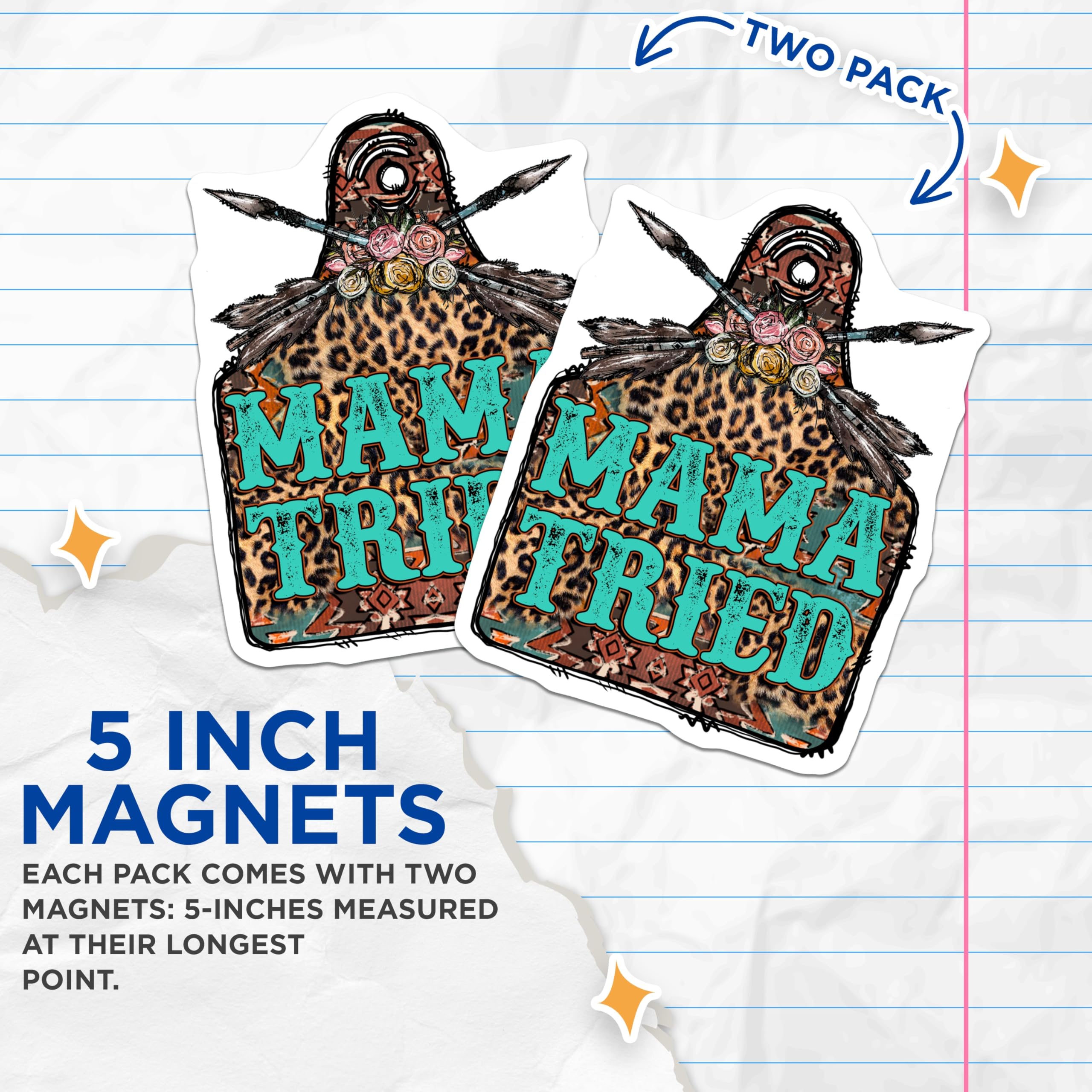 (2 Pack) Mama Tried Quote Magnets - Leopard Print Western Decor - Boho Cowgirl Country Music Vibe Accent - 5 Inches On Longest Side - Thick Durable Magnet - Made in USA - MAG29083