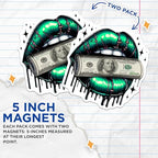 (2 Pack) Lips Money Magnets - Artistic Dollar Bill - Dollar Design ation - 5" On Longest Side - for Cars, Fridges, Toolboxes - Made in USA - MAG4564