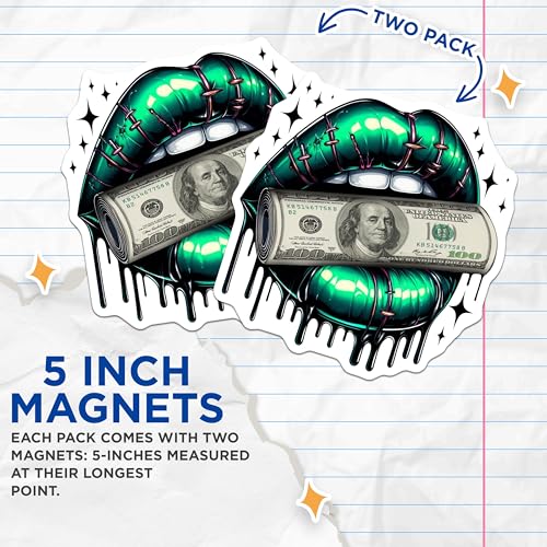 (2 Pack) Lips Money Magnets - Artistic Dollar Bill - Dollar Design ation - 5" On Longest Side - for Cars, Fridges, Toolboxes - Made in USA - MAG4564