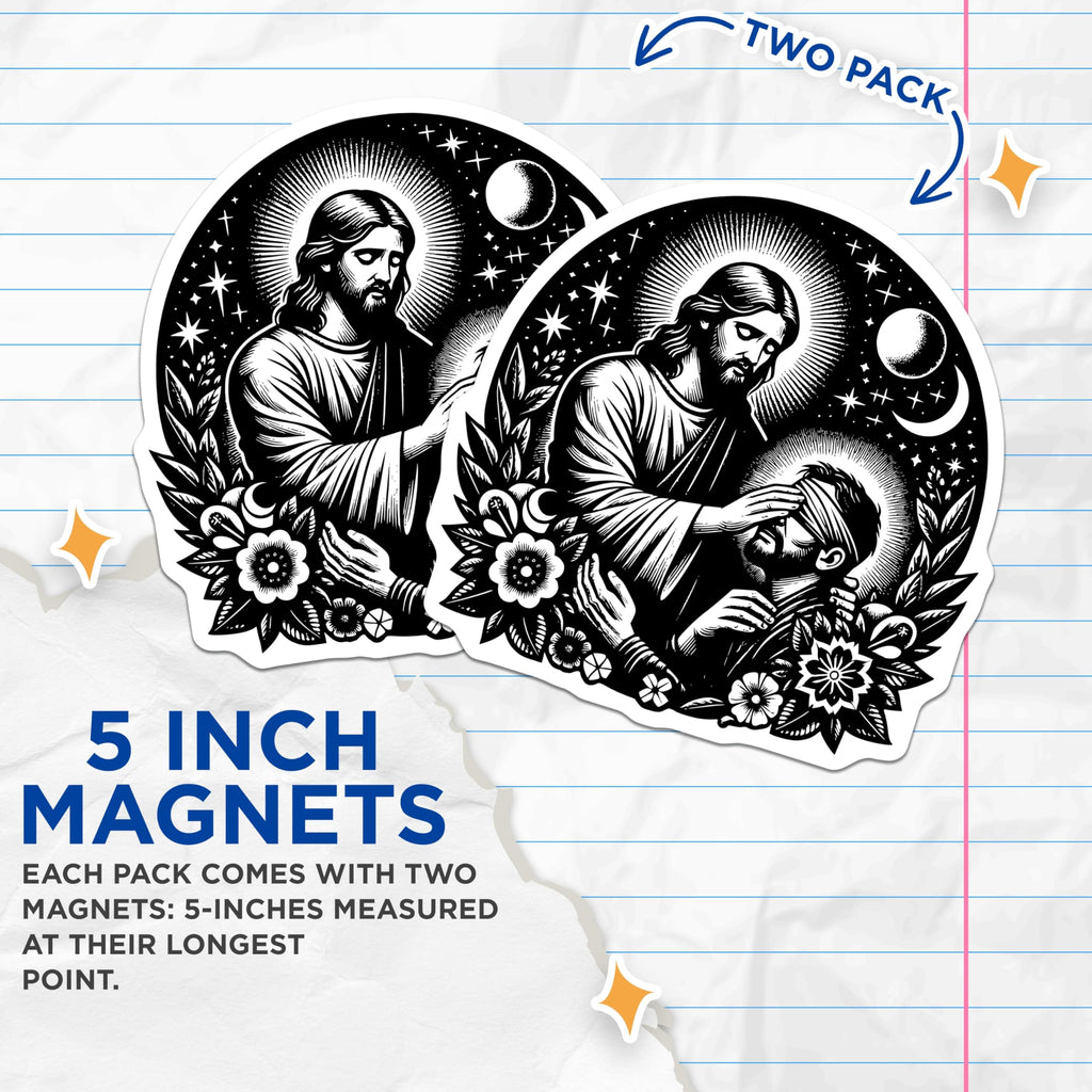 (2 Pack) Jesus Healing Blind Man Magnets - Christian Religious Art - Spiritual Faith Decor - 5 Inches On Longest Side - Thick Durable Magnet - Made in USA - MAG27363
