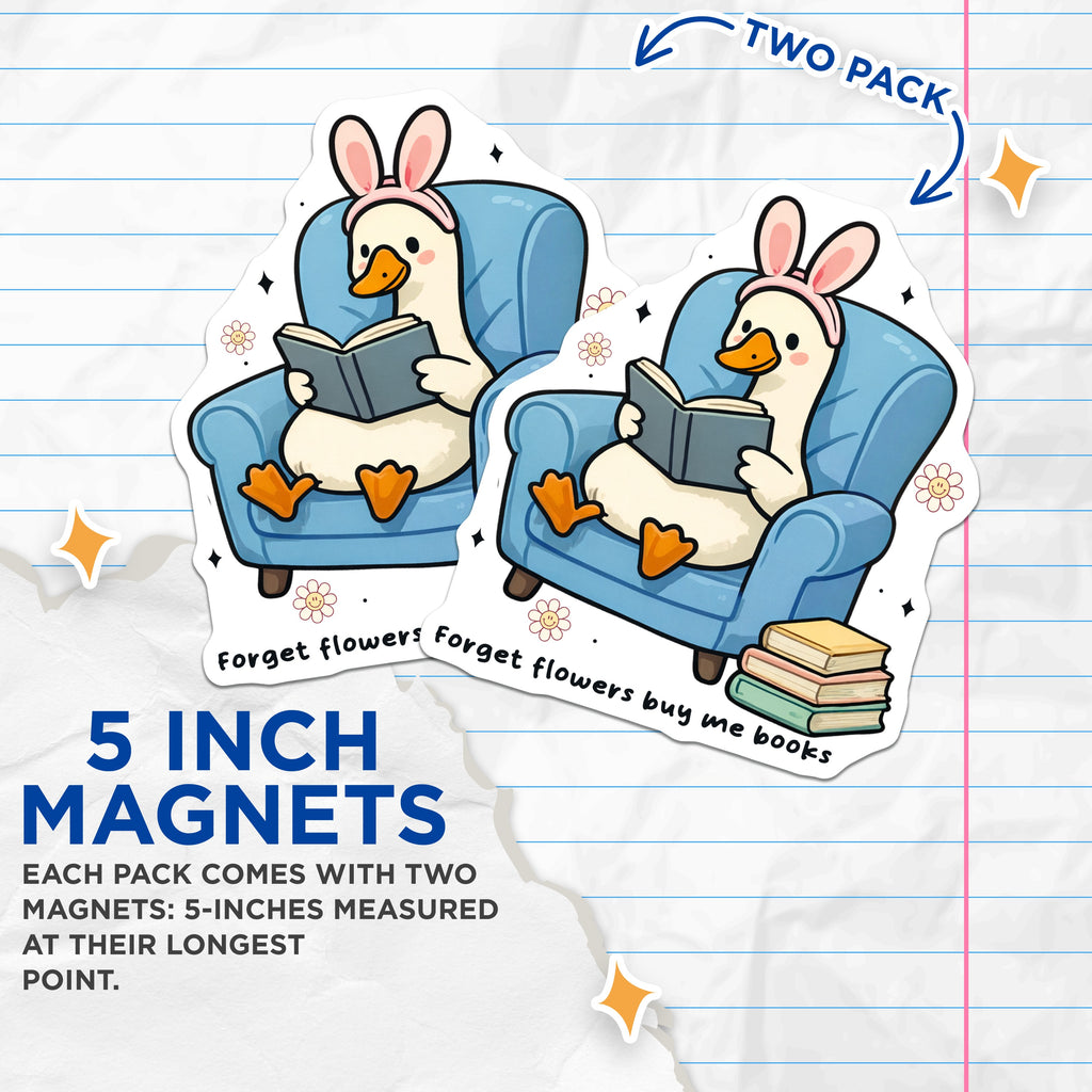 (2 Pack) Book Lover Magnets - Cute Reading Duck - Cozy Literary Decor - Bookworm Fridge Accessories - 5 Inches On Longest Side - Thick Durable Magnet - Made in USA - MAG39335