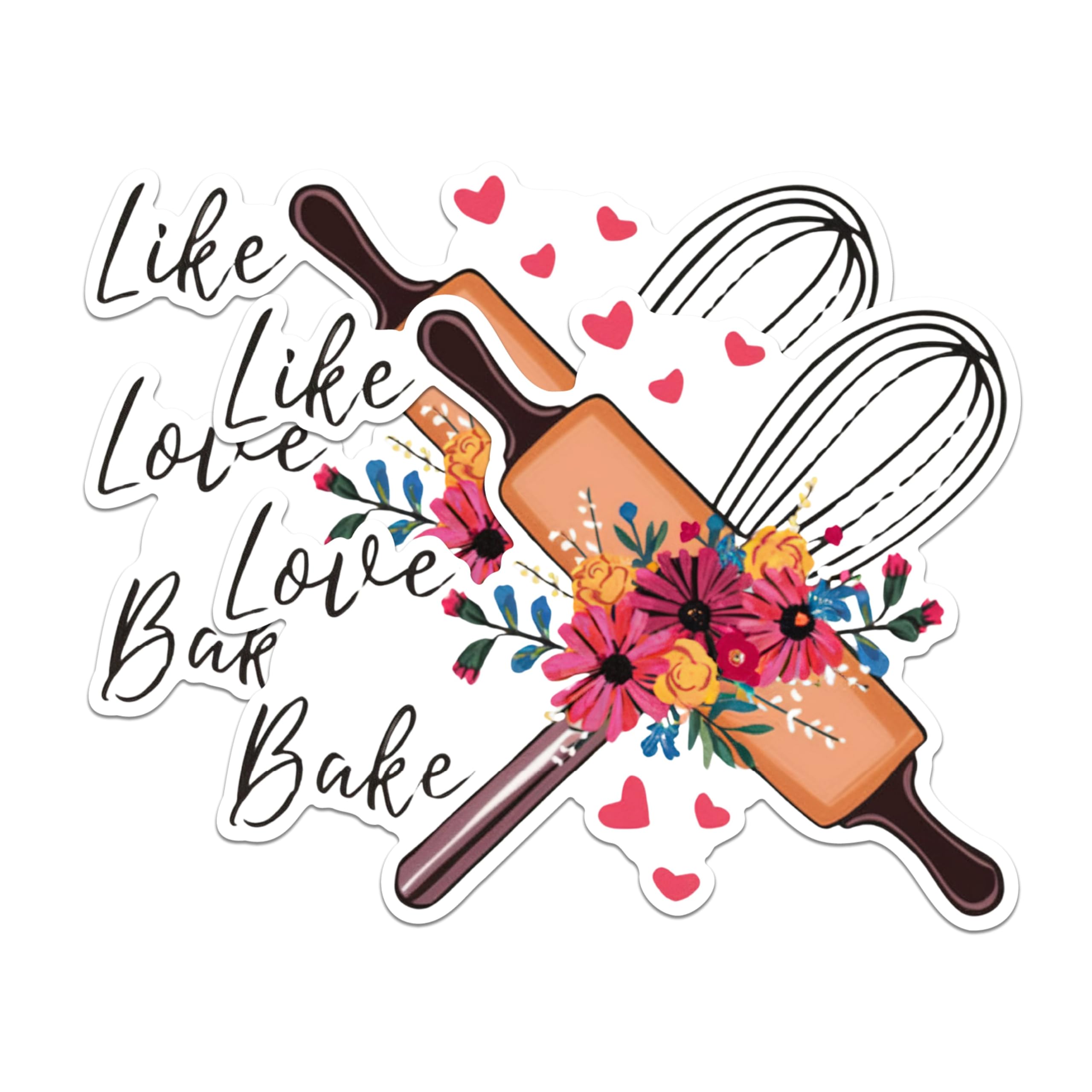 (2 Pack) Like Love Bake Stickers - Baking Themed Stickers - Floral Rolling Pin and Whisk Stickers - 5" On Longest Side - Sticks to Any Smooth Flat Surface - Made in USA - BMCS2994