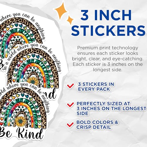 (3 Pack) Be Kind Decals - Leopard Rainbow Decal - Motivational Laptop Decals - 3 Inches On Longest Side - Easy Peel & Apply - Made in USA - 3MCS1378