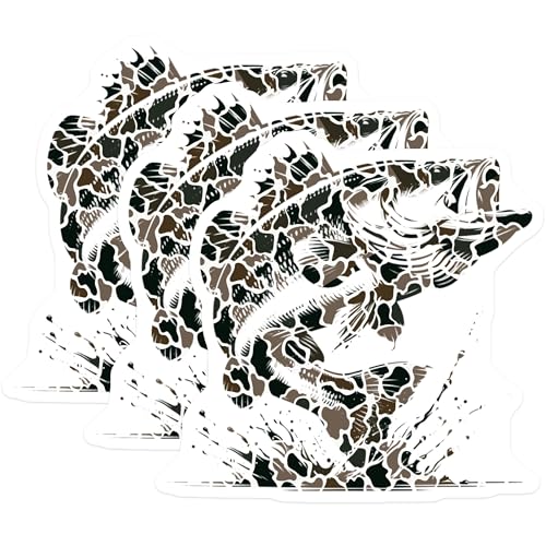 (3 Pack) Bass Fish Decals - Camo Pattern - Laptop Decals - 3 Inches On Longest Side - Easy Peel & Apply - Made in USA - 3MCS7356