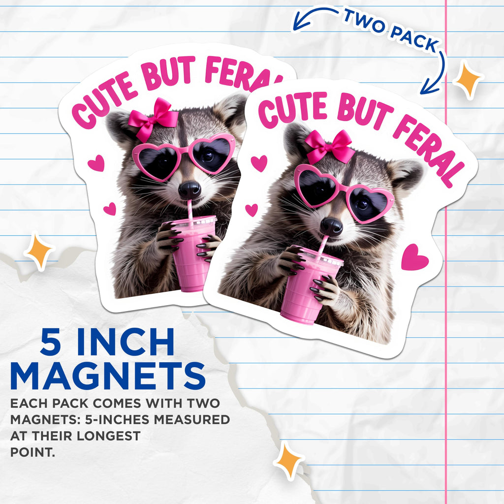 (2 Pack) Cute But Feral Raccoon Magnets - Sassy Animal Art - Pink Bow Heart Sunglasses Refrigerator Decor - 5 Inches On Longest Side - Thick Durable Magnet - Made in USA - MAG21507