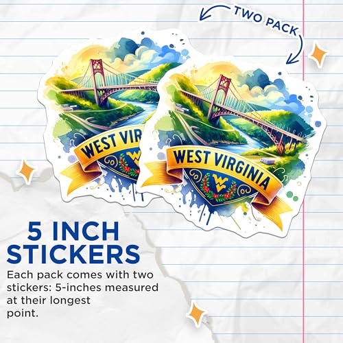 (2 Pack) West Virginia Stickers - State Travel Sticker - Adventure Sticker - State Emblem Decal - Scenic Bridge Stickers - 5" On Longest Side - Sticks to Smooth Flat Surfaces - Made in USA - BMCS6706