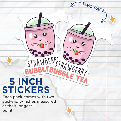 (2 Pack) Strawberry Bubble Tea Stickers - Cute Drink Decal - Kawaii Boba Tea Art - 5" On Longest Side - Sticks to Smooth Flat Surfaces - Made in USA - BMCS7760
