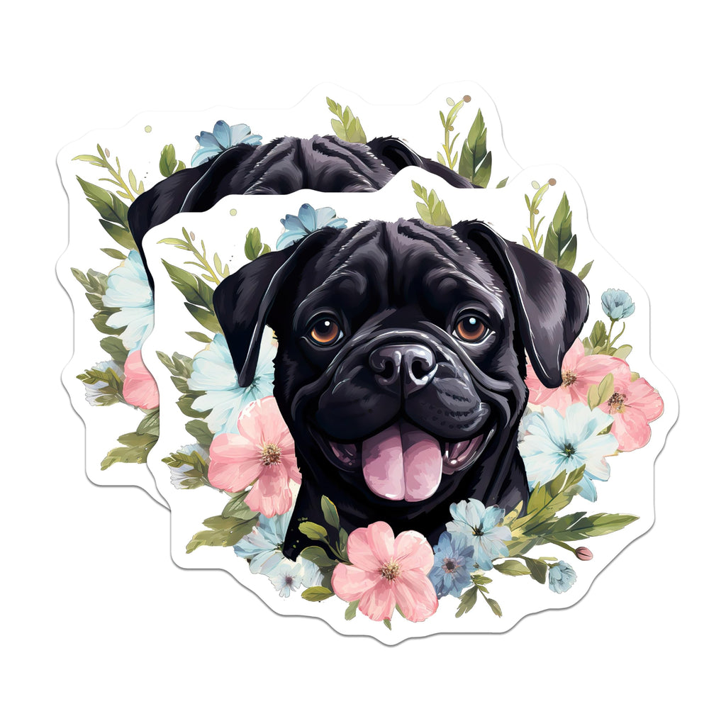 (2 Pack) Black Pug Dog Magnets - Floral Pug Decor - Cute Dog Mom Pet Lover Magnets - 5 Inches On Longest Side - Thick Durable Magnet - Made in USA - MAG29059