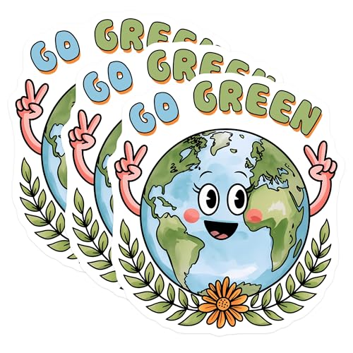 (3 Pack) Go Green Earth Decals - Cartoon Planet Stickers - Environmental Awareness - 3 Inches On Longest Side - Easy Peel & Apply - Made in USA - 3MCS6449