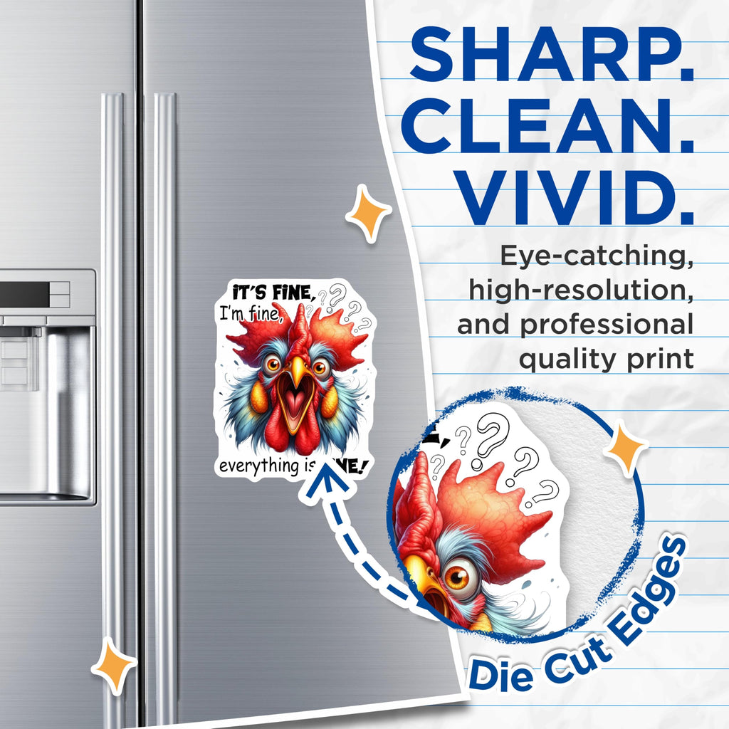 (2 Pack) Rooster Meme Magnets - It's Fine Everything is Fine - Funny Chicken Decor - 5" On Longest Side - Premium Magnet - for Cars, Refrigerators, Toolboxes, Lockers - Made in USA - MAG14509