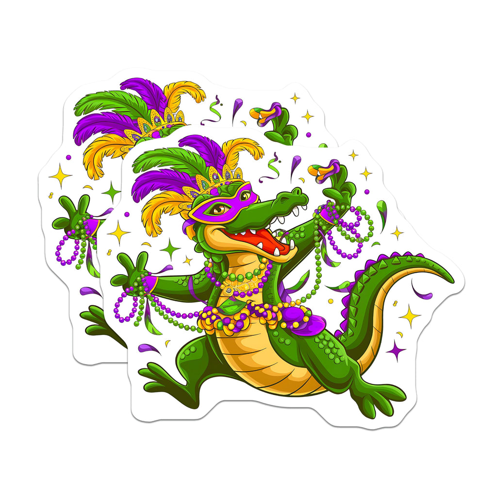 (2 Pack) Mardi Gras Alligator Stickers - Colorful Festival Stickers - Fun Celebration Stickers - 5" On Longest Side - Sticks to Smooth Flat Surfaces - Made in USA - BMCS9436