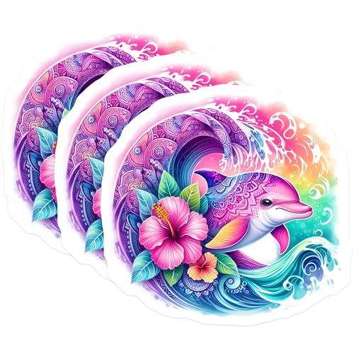 (3 Pack) Dolphin Decals - Tropical Flowers - Laptop Decals - 3 Inches On Longest Side - Easy Peel & Apply - Made in USA - 3MCS8246
