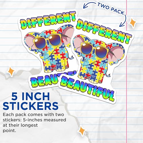 (2 Pack) Different Puzzle Elephant Stickers - Colorful Elephant Decal - Autism Awareness Animal Sticker - 5" On Longest Side - Sticks to Smooth Flat Surfaces - Made in USA - BMCS6634
