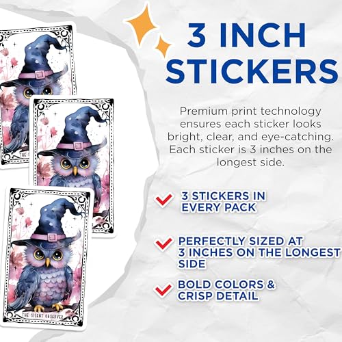 (3 Pack) Owl Witch Decals - Cute Witchy Stickers - Magical Owl Art - 3 Inches On Longest Side - Easy Peel & Apply - Made in USA - 3MCS2370