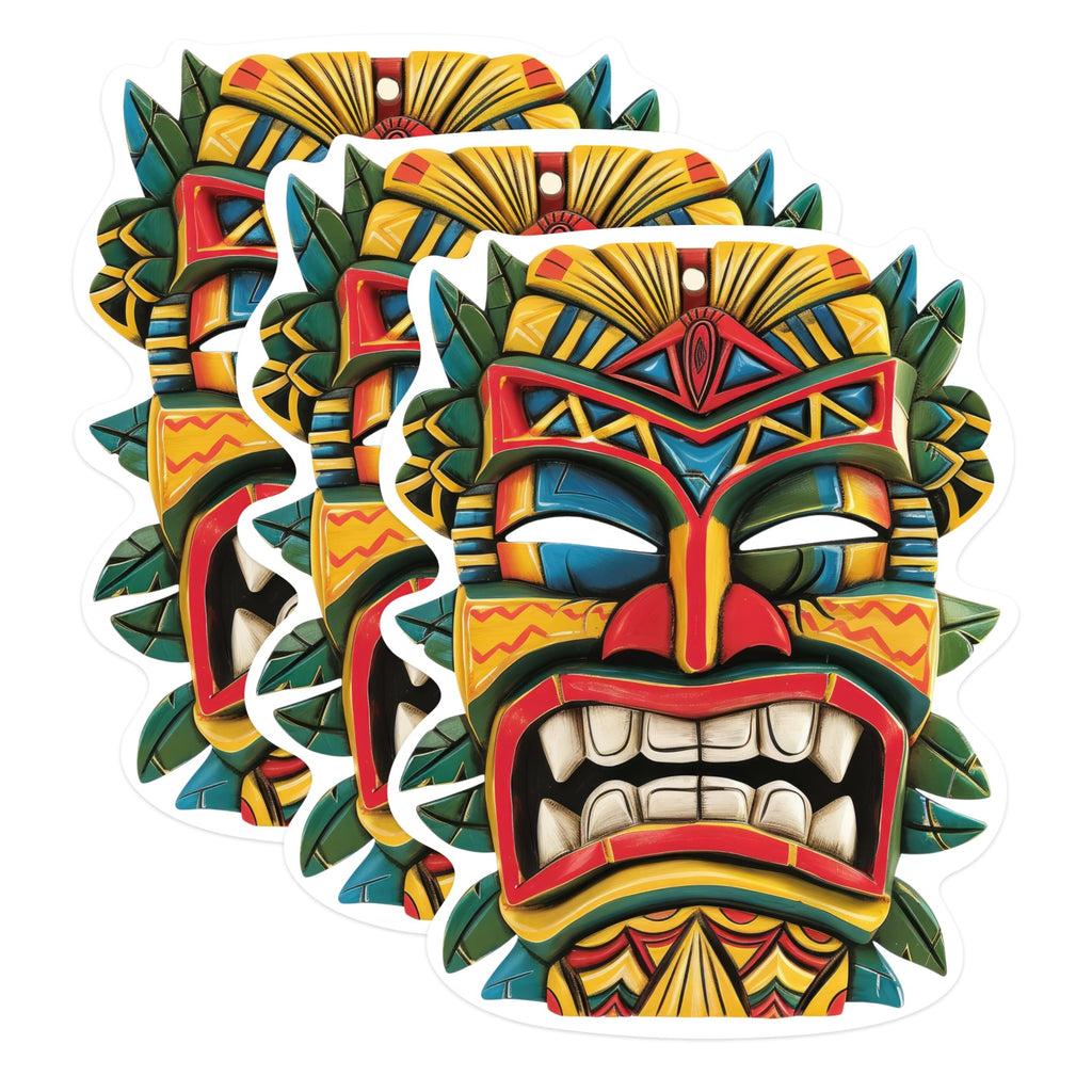 (3 Pack) Tiki Mask Decals - Hawaiian Decor - Laptop Decal - 3 Inches On Longest Side - Easy Peel & Apply - Made in USA - 3MCS0606