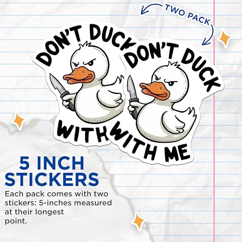 (2 Pack) Funny Duck Stickers - Don't Duck with Me Decal - Cute Angry Duck Knife Cartoon - 5" On Longest Side - Sticks to Smooth Flat Surfaces - Made in USA - BMCS9538