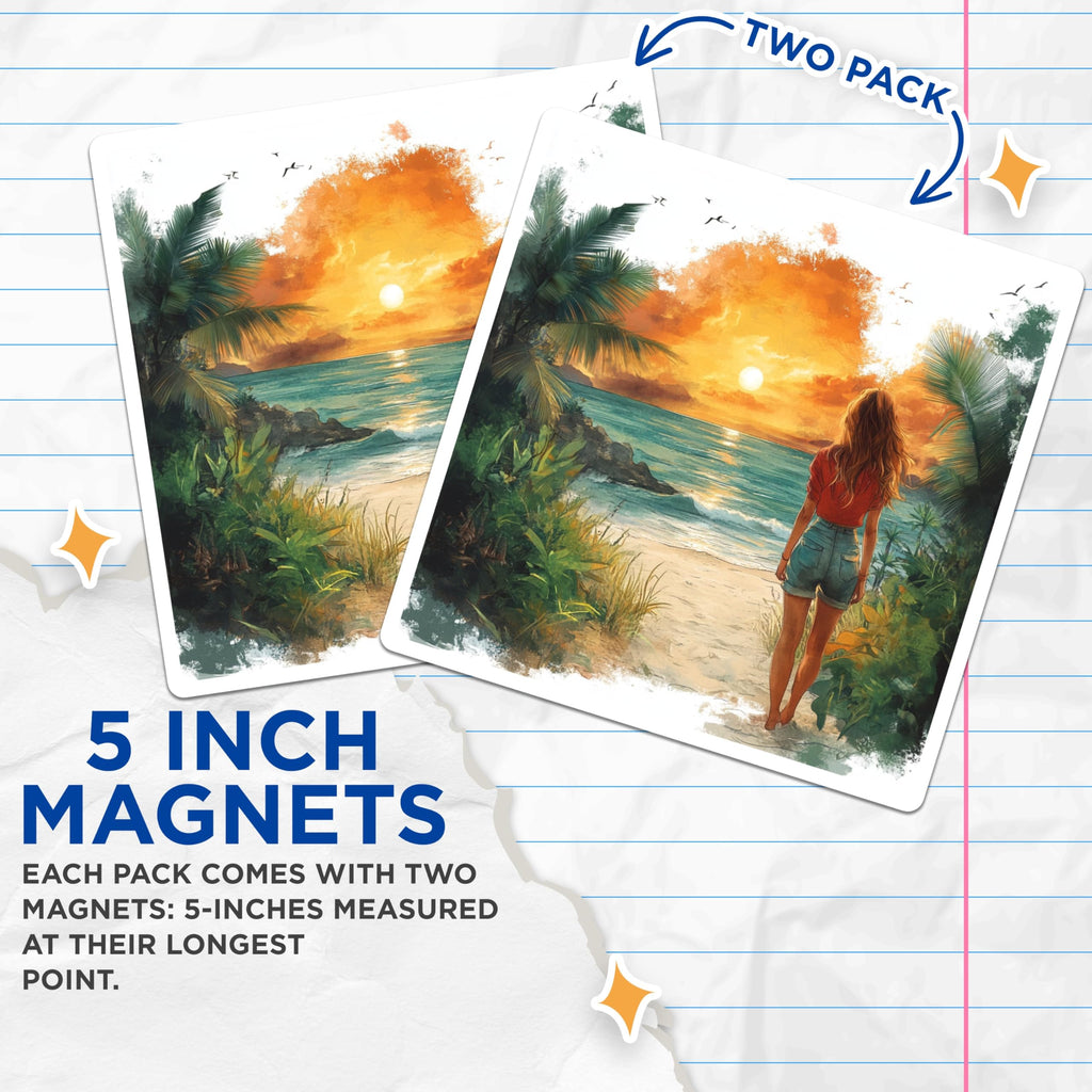 (2 Pack) Tropical Sunset Magnets - Beach Vacation Scene - Ocean Wanderlust Art - 5 Inches On Longest Side - Thick Durable Magnet - Made in USA - MAG24752