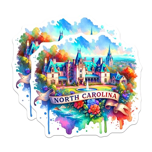 (2 Pack) North Carolina Landmark Stickers - Colorful Watercolor Art - State Pride Travel Sticker - 5" On Longest Side - Sticks to Smooth Flat Surfaces - Made in USA - BMCS6985