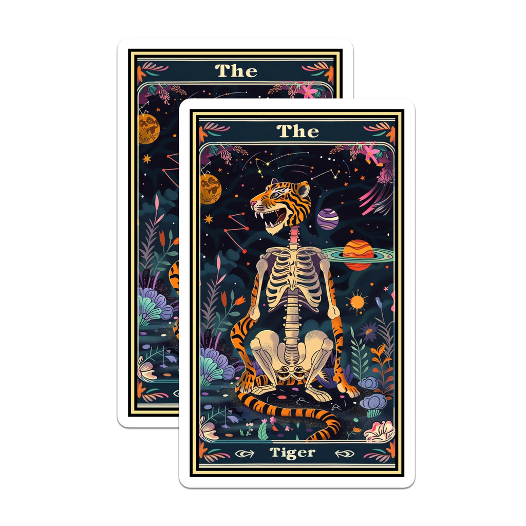 (2 Pack) The Tiger Stickers - Skeleton Tiger Art - Cosmic Jungle Design - 5" On Longest Side - Sticks to Smooth Flat Surfaces - Made in USA - BMCS3637