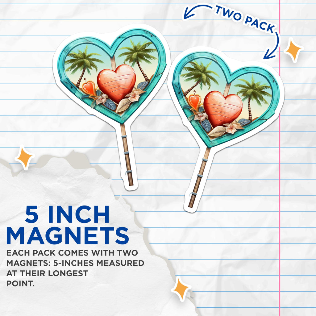 (2 Pack) Tropical Heart Magnets - Island Palm Tree Beach Decor - Romantic Summer Vacation Kitchen Locker Accent - 5 Inches On Longest Side - Thick Durable Magnet - Made in USA - MAG19627