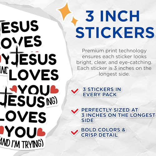 (3 Pack) Jesus Loves You Decals - Christian Laptop Decal - Religious Affirmation Sticker - 3 Inches On Longest Side - Easy Peel & Apply - Made in USA - 3MCS4352