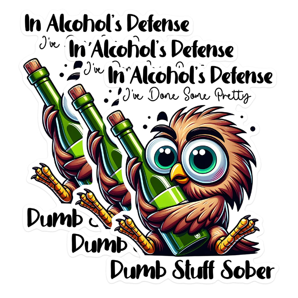 (3 Pack) Funny Owl Decals - in Alcohol's Defense - Drunk Owl Laptop Decal - 3 Inches On Longest Side - Easy Peel & Apply - Made in USA - 3MCS1723