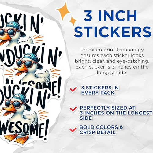 (3 Pack) Duck Decals - Duckin Awesome Stickers - Laptop Water Bottle Decal- 3 Inches On Longest Side - Easy Peel & Apply - Made in USA - 3MCS5098