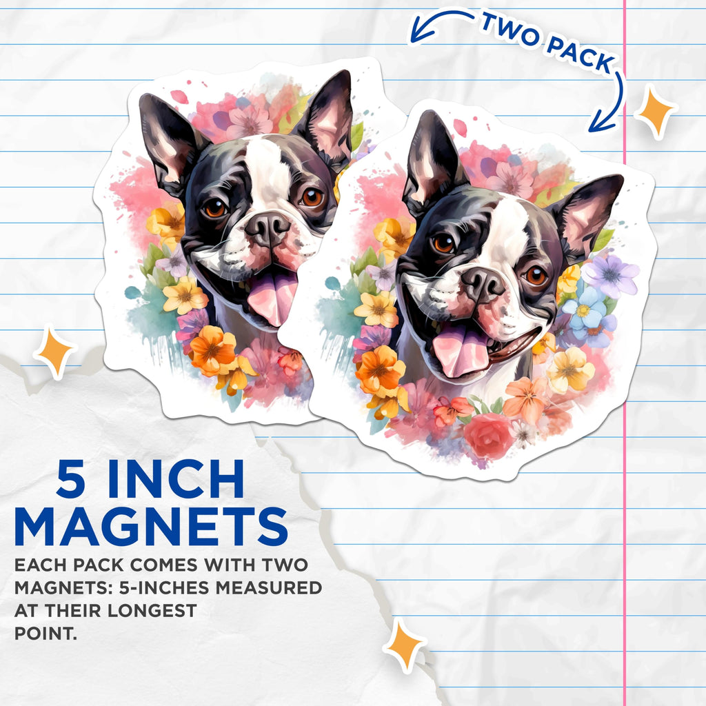 (2 Pack) Boston Terrier Magnets - Watercolor Dog Art - Pet Parent Decor - 5 Inches On Longest Side - Thick Durable Magnet - Made in USA - MAG29604