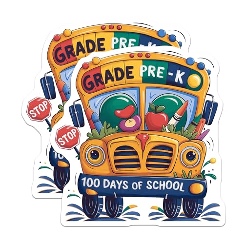 (2 Pack) Grade Pre-K Stickers - 100 Days of School Stickers - Fun School Bus Stickers for Kids - 5" On Longest Side - Sticks to Any Smooth Flat Surface - Made in USA - BMCS3400