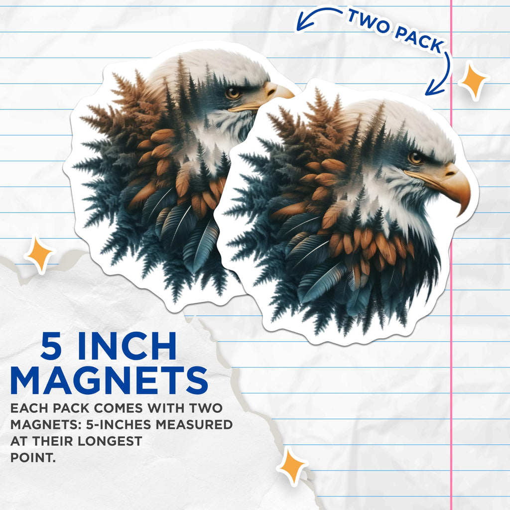(2 Pack) Eagle Head Magnets - Forest Bald Eagle Decor - Patriotic Fridge Magnets - 5" On Longest Side - Premium Magnet - for Cars, Refrigerators, Toolboxes, Lockers - Made in USA - MAG14446