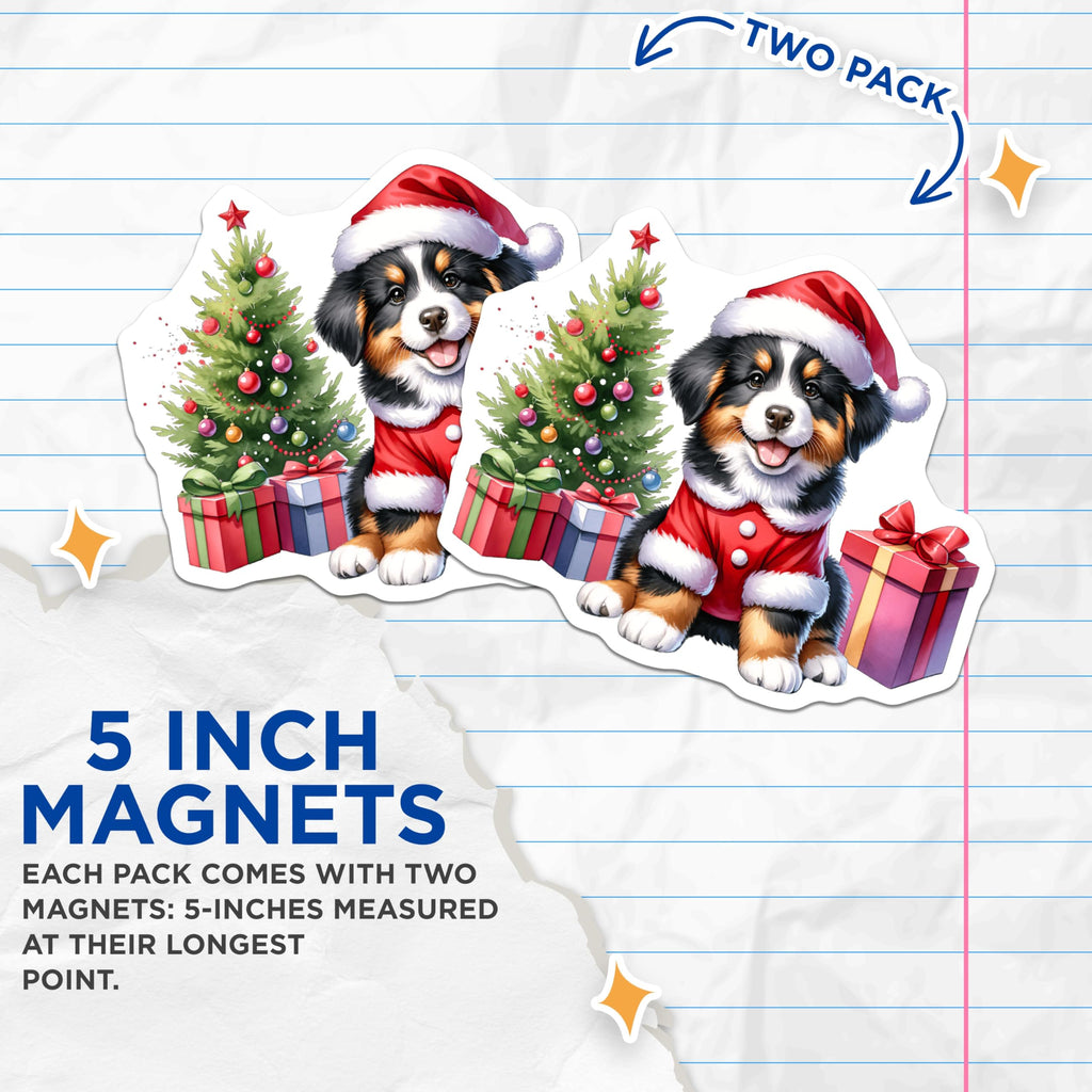 (2 Pack) Christmas Puppy Magnets - Bernese Mountain Dog Holiday Decor - Dog Lover Refrigerator Magnets - 5 Inches On Longest Side - Thick Durable Magnet - Made in USA - MAG25307