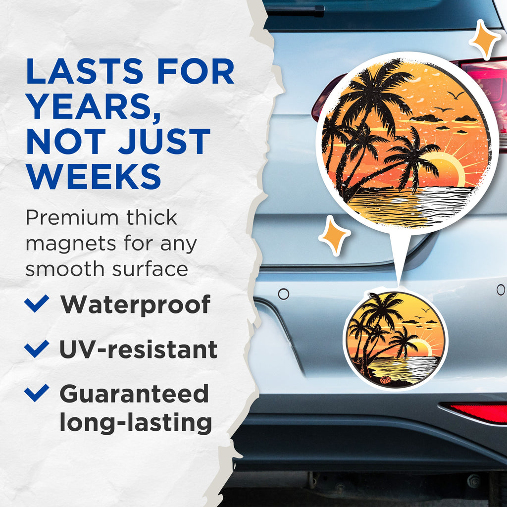 (2 Pack) Tropical Sunset Magnets - Beach Palm Tree Ocean View - Summer Vacation Travel Theme Refrigerator Decor - 5 Inches On Longest Side - Thick Durable Magnet - Made in USA - MAG36502