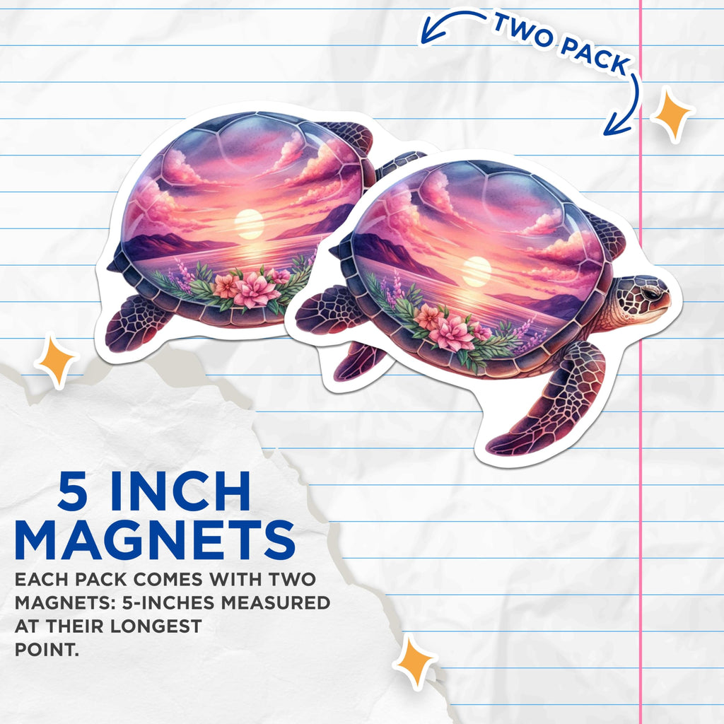 (2 Pack) Sea Turtle Magnets - Ocean Sunset Landscape - Serene Marine Life Art - Tropical Flower Decor - Beach House Aesthetic - 5 Inches On Longest Side - Thick Durable Magnet - Made in USA - MAG21378