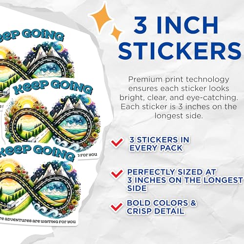 (3 Pack) Keep Going Decals - Infinite Adventure - Laptop Decal - 3 Inches On Longest Side - Easy Peel & Apply - Made in USA - 3MCS2041