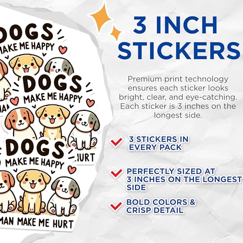 (3 Pack) Dog Make Me Happy Decals - Cute Puppy - Laptop Decal - 3 Inches On Longest Side - Easy Peel & Apply - Made in USA - 3MCS0226