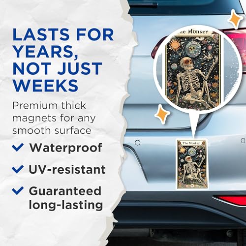 (2 Pack) Monkey Skeleton Magnets - Unique Astrology - Vintage Celestial Art - Original Tarot Style - 5" On Longest Side - for Cars, Fridges, Toolboxes - Made in USA - MAG3703