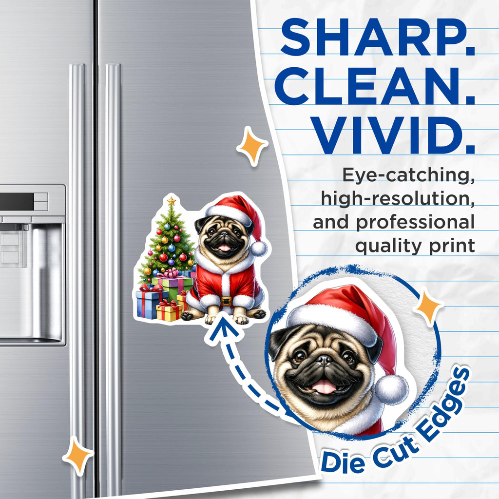 (2 Pack) Pug Christmas Magnets - Santa Dog Holiday Decor - Pet Lover Fridge Accessory - 5 Inches On Longest Side - Thick Durable Magnet - Made in USA - MAG27798