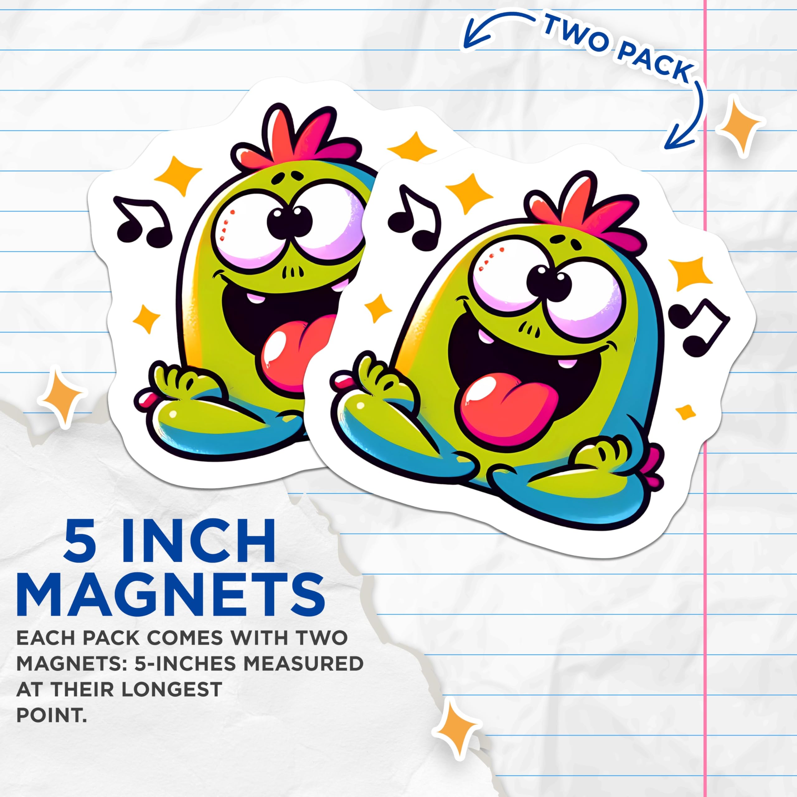 (2 Pack) Funny Cartoon Monster Magnets - Quirky Creature Decor - Cheerful Singing Notes - 5 Inches On Longest Side - Thick Durable Magnet - Made in USA - MAG20939