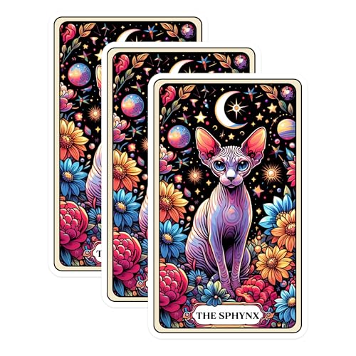 (3 Pack) Sphynx Cat Decals - Tarot Card Kitty Decals - Laptop Art Stickers - 3 Inches On Longest Side - Easy Peel & Apply - Made in USA - 3MCS0121