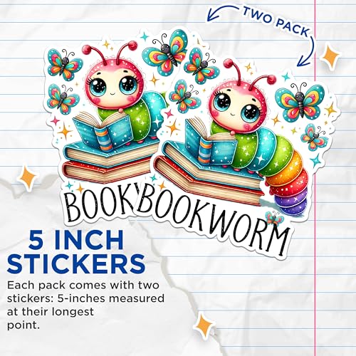 (2 Pack) Bookworm Stickers - Cute Caterpillar Reading Stickers - Adorable Rainbow Caterpillar Book Lover Stickers - 5" On Longest Side - Sticks to Any Smooth Flat Surface - Made in USA - BMCS2758