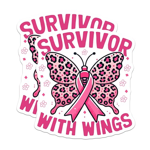 (2 Pack) Survivor with Wings Stickers - Pink Ribbon - Leopard Butterfly - 5" On Longest Side - Sticks to Smooth Flat Surfaces - Made in USA - BMCS5808