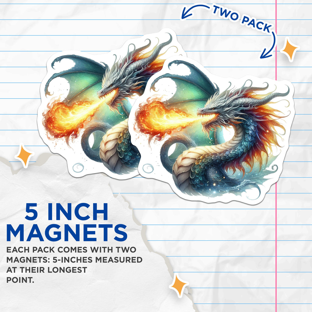 (2 Pack) Fire Dragon Magnets - Fantasy Dragon Art - Mythical Creature Decor - Gamer Room Display - 5 Inches On Longest Side - Thick Durable Magnet - Made in USA - MAG38791