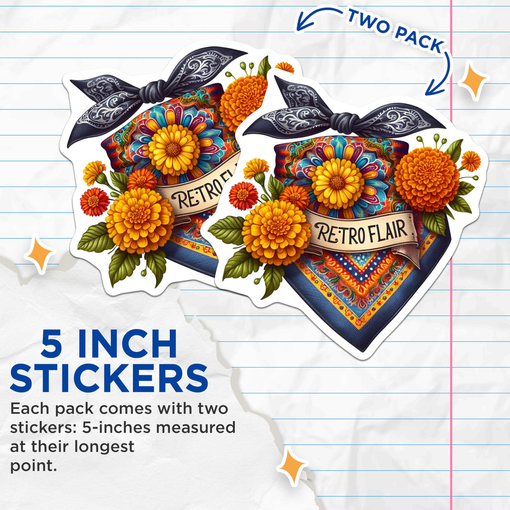 (2 Pack) Retro Chic Flower Stickers - Boho Floral Design - Funky Bandana Art - 5" On Longest Side - Sticks to Smooth Flat Surfaces - Made in USA - BMCS8844 - Vibrant Retro Flair Decal