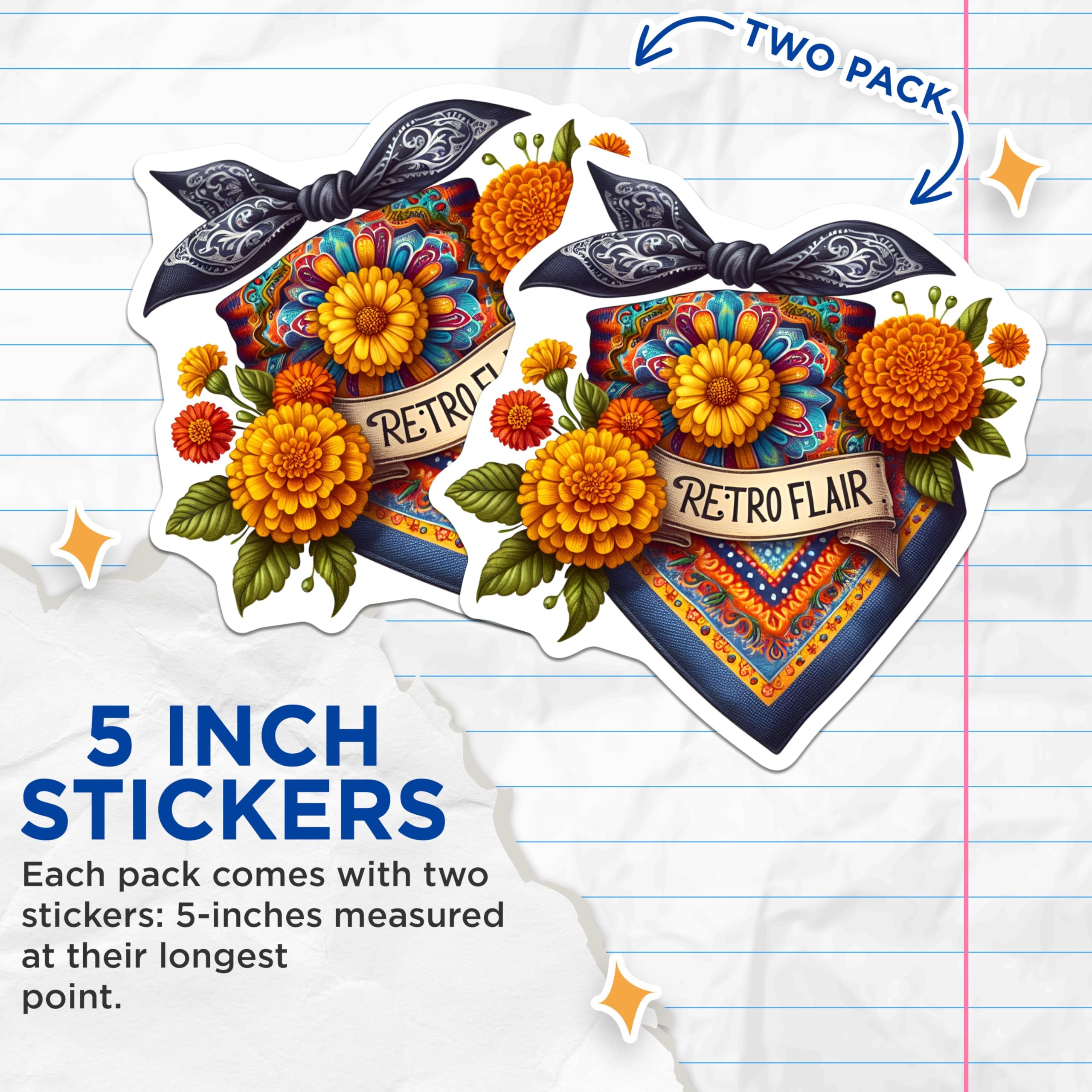 (2 Pack) Retro Chic Flower Stickers - Boho Floral Design - Funky Bandana Art - 5" On Longest Side - Sticks to Smooth Flat Surfaces - Made in USA - BMCS8844 - Vibrant Retro Flair Decal