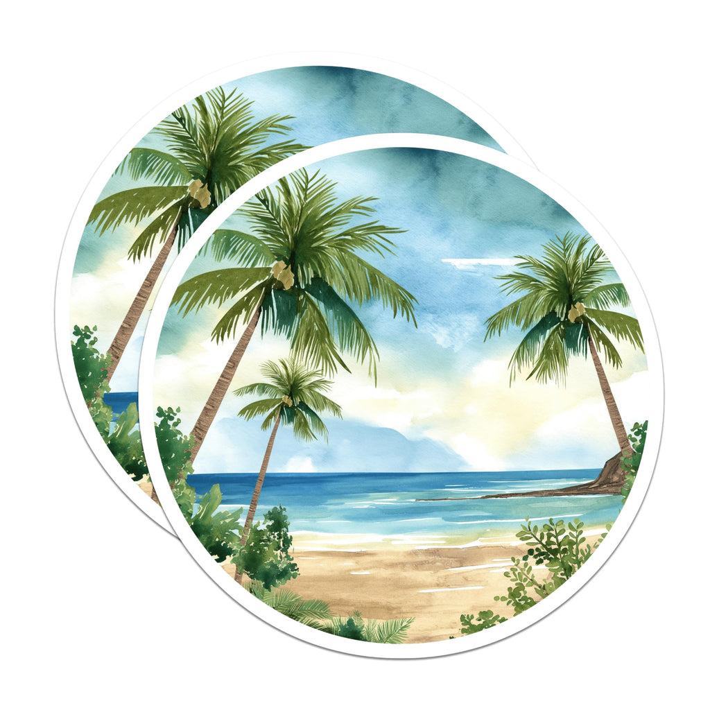 (2 Pack) Tropical Beach Scene Art Magnets - Watercolor Palm Tree Ocean Sand Decor - Relaxing Coastal Home Kitchen Accents - 5 Inches On Longest Side - Thick Durable Magnet - Made in USA - MAG19712