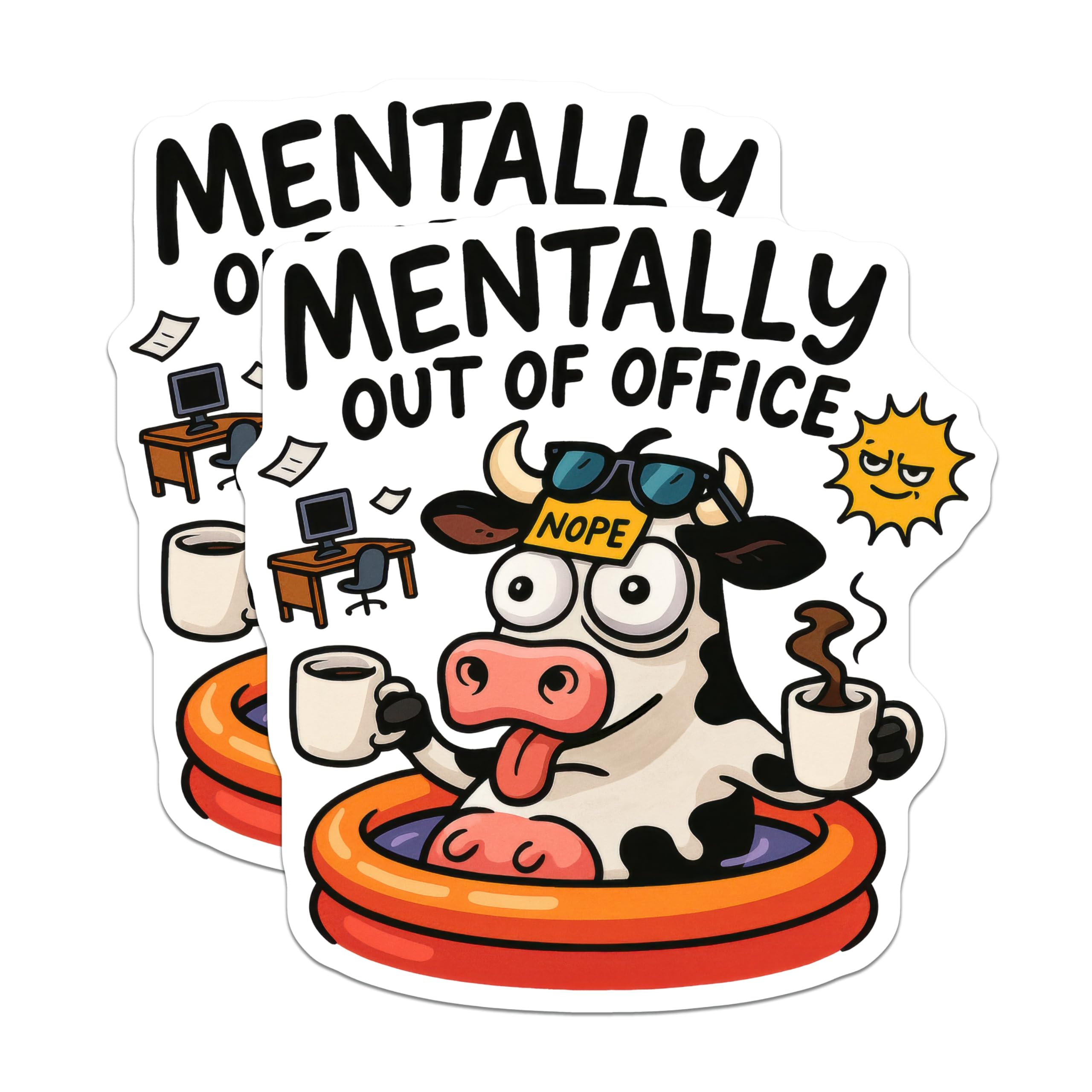 (2 Pack) Mentally Out of Office Cow Magnets - Funny Work Humor Refrigerator Decor - Chill Vacation Mood Anti-Work Office Art - 5 Inches On Longest Side - Thick Durable Magnet - Made in USA - MAG21161