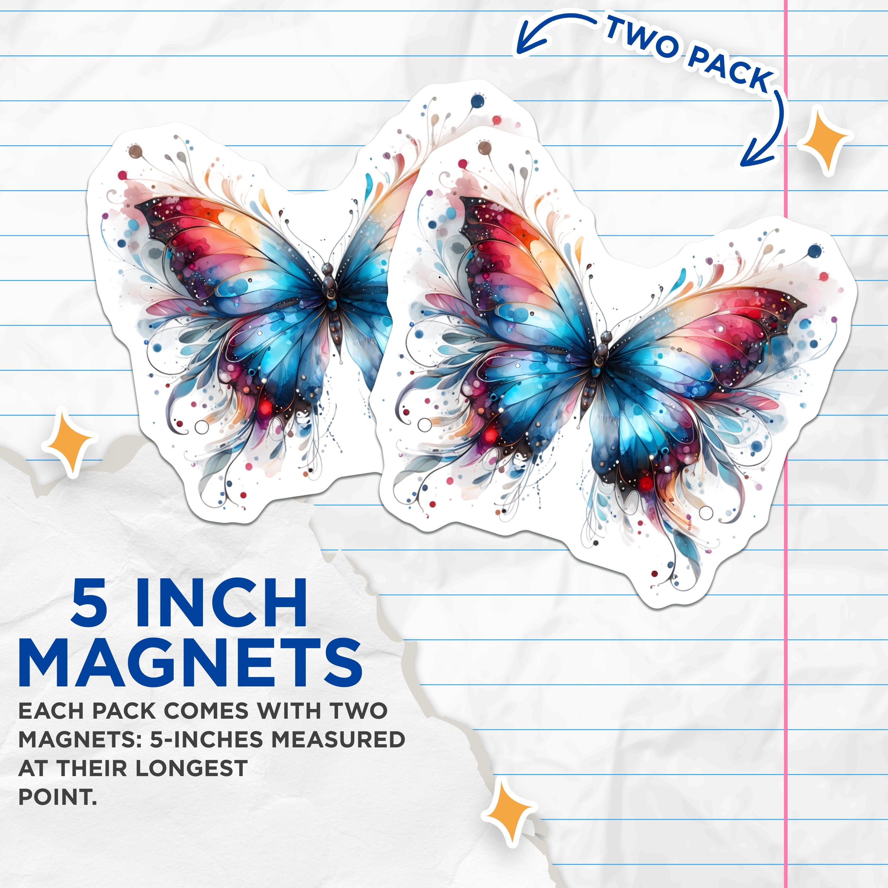 (2 Pack) Watercolor Butterfly Magnets - Ethereal Nature Inspired Fridge Decor - Vibrant Home Office Art - 5 Inches On Longest Side - Thick Durable Magnet - Made in USA - MAG36944