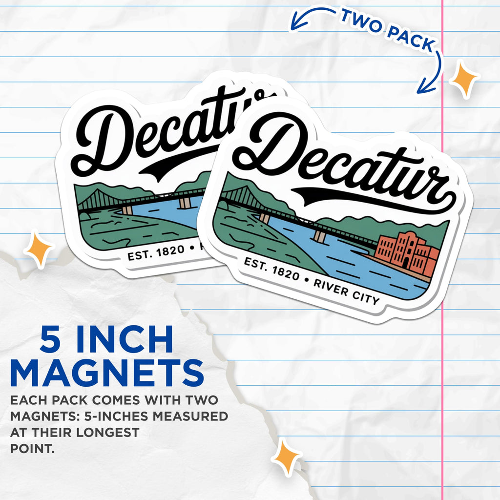 (2 Pack) Decatur Alabama Magnets - River City Decor - Established 1820 Souvenir - 5" On Longest Side - Premium Magnet - for Cars, Refrigerators, Toolboxes, Lockers - Made in USA - MAG17389